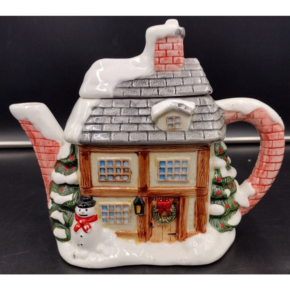 Vintage Winter Christmas Village Cottage Decorative Teapot Snowman House Gift